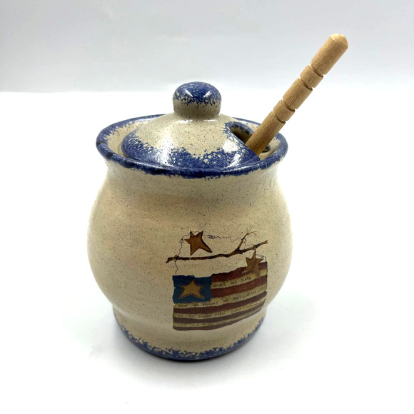 Americana Primitive Honey Jar With Honey Comb Ladle Glazed Ceramic Decor - Picture 2 of 8